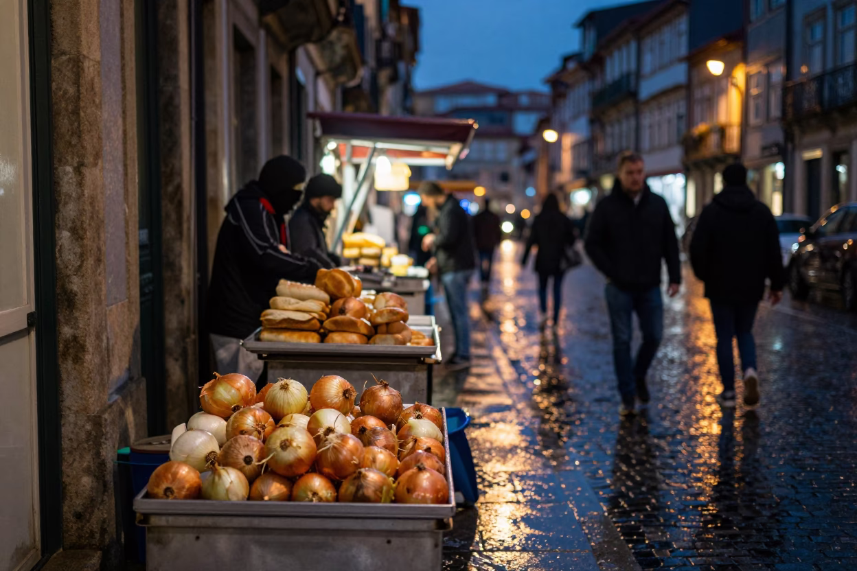 Midnight Street Food Scene in Porto Portugal with Onions and Bread Knife in in Porto, Portugal