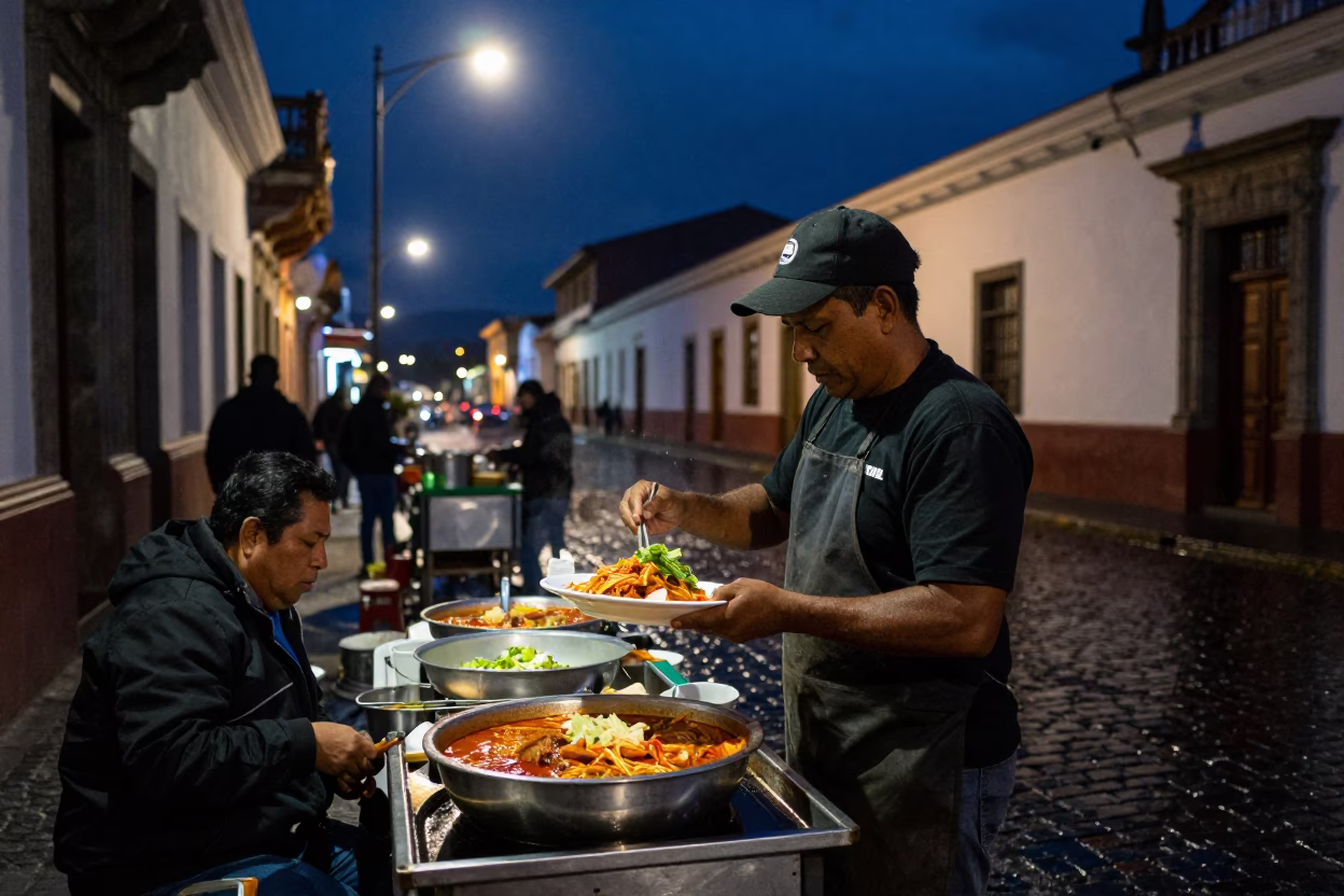Midnight Street Food Scene in Quito Ecuador with Spicy Bibim Guksu in in Quito, Ecuador