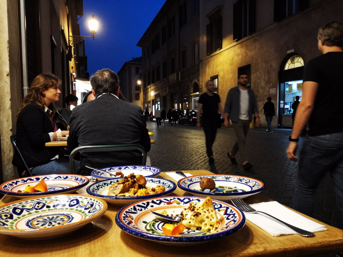Midnight Street Food Scene in Rome Italy with Majolica Plates and Late Night Dining in in Rome, Italy