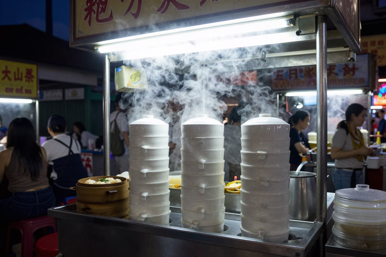 Midnight Street Food Scene in Singapore with Stacked Dim Sum Steamers in in Singapore, Singapore