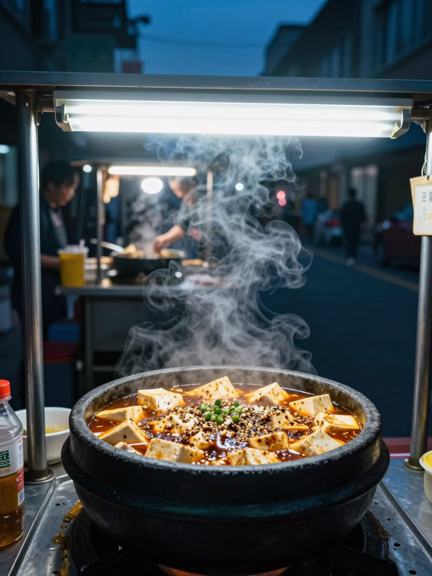 Midnight Street Food Scene in Tainan Taiwan with Mapo Tofu and Urban Night Life in in Tainan, Taiwan