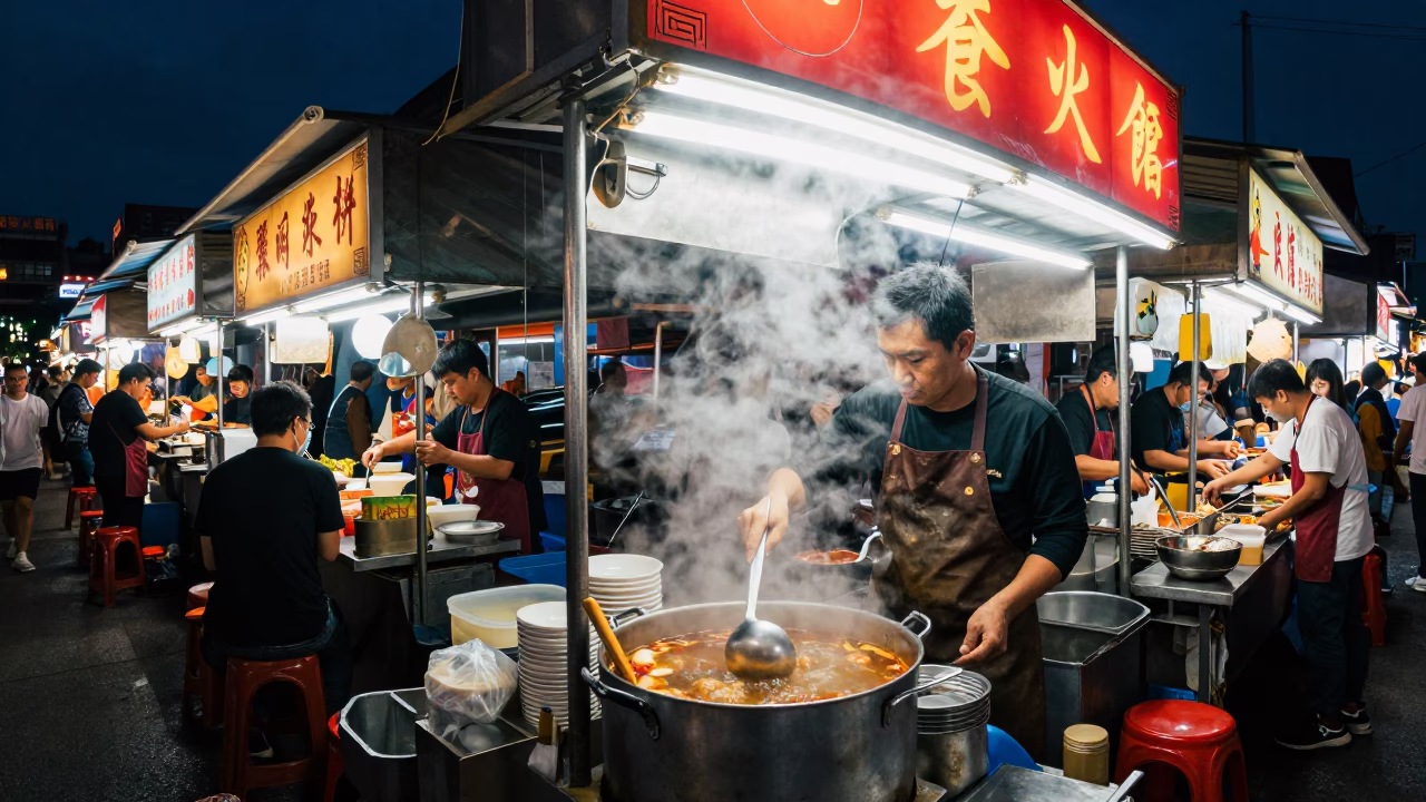 Midnight Street Food Scene in Tainan Taiwan with Vibrant Neon Lights and Local Dining in in Tainan, Taiwan