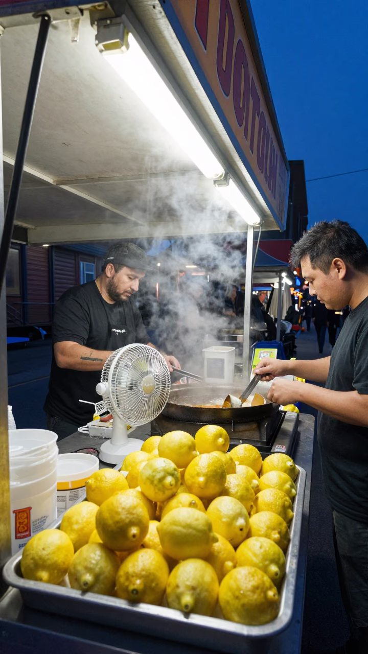 Midnight Street Food Scene in Toronto Ontario Canada with Lemons and Table Fan in in Toronto, Ontario, Canada