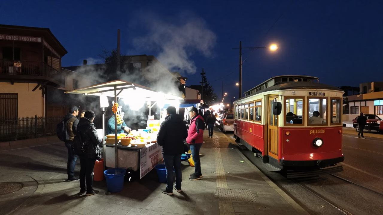 Midnight Street Food Scene in Valparaiso Chile with Tramcar and Enamel Pitcher in in Valparaiso, Chile