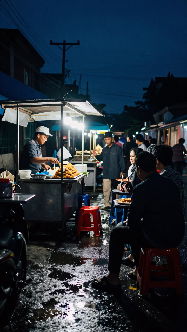 Midnight street food scene in Yogyakarta Indonesia with puddle reflections and local dining in in Yogyakarta, Indonesia