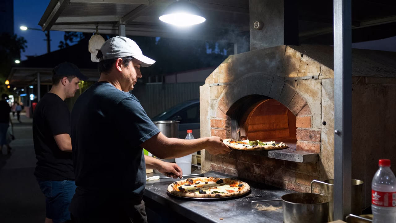 Midnight Street Food Scene with Wood-Fired Pizza in Adelaide South Australia in in Adelaide, South Australia, Australia