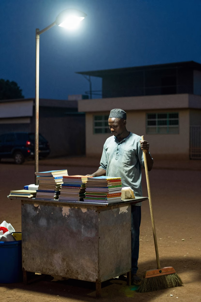 Midnight Street Food Stall in Accra Ghana with Cookbooks and Broom in in Accra, Ghana