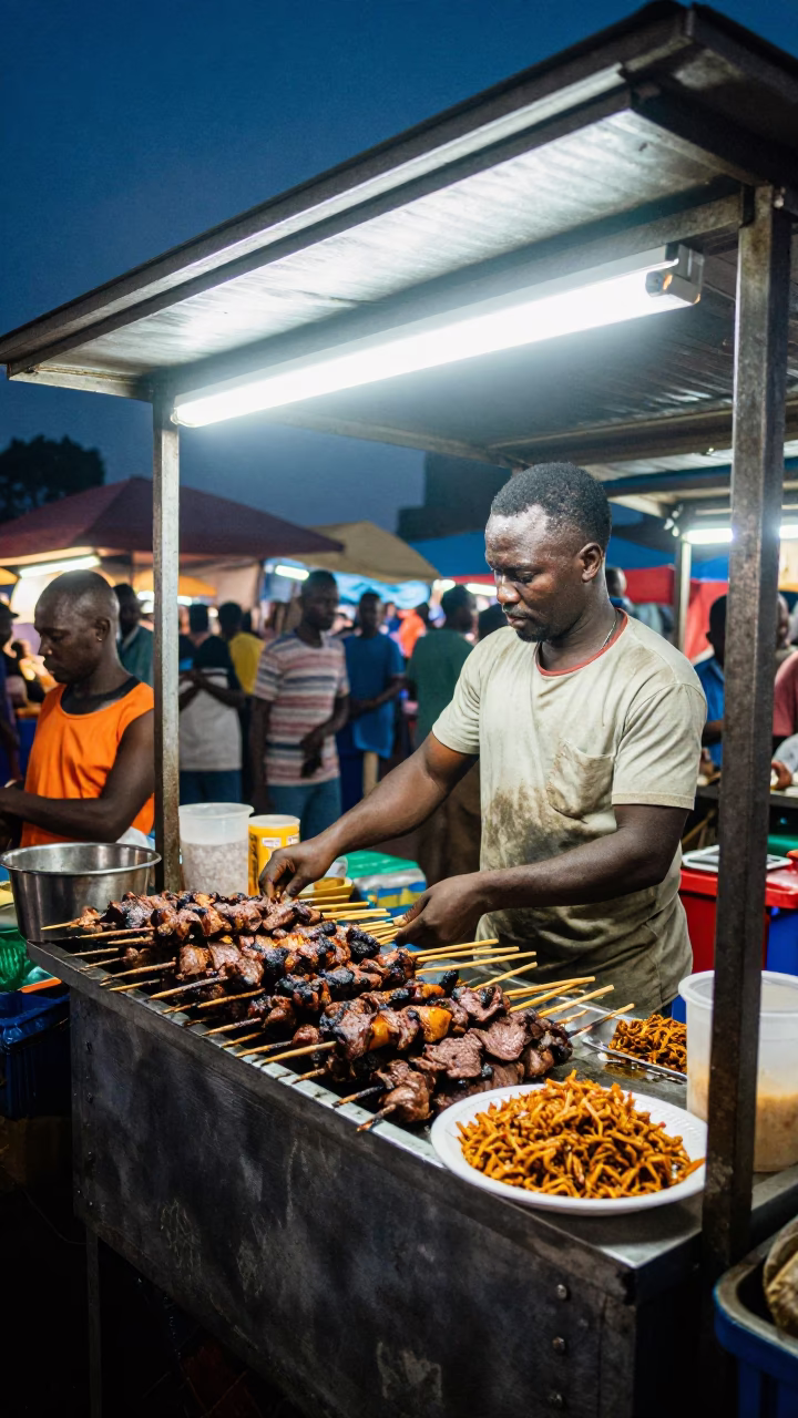 Midnight street food stall in Accra Ghana with grilled meat and plastic containers in in Accra, Ghana