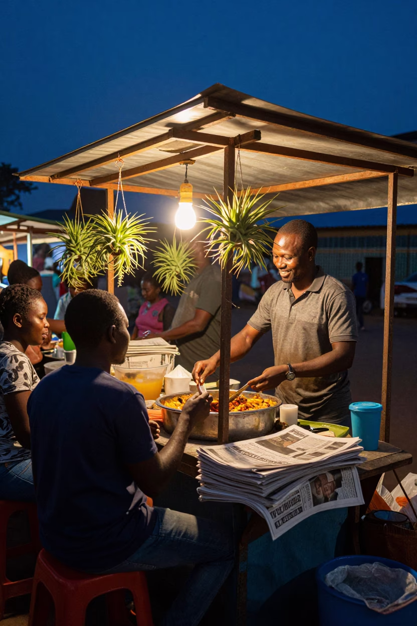 Midnight Street Food Stall in Accra Ghana with Hanging Air Plants and Newspaper Stack in in Accra, Ghana