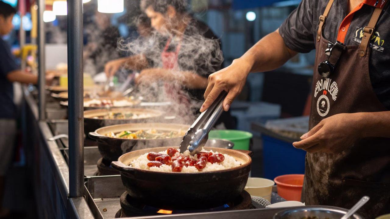 Midnight Street Food Stall in Bangkok Thailand with Claypot Rice and Serving Bowls in in Bangkok, Thailand