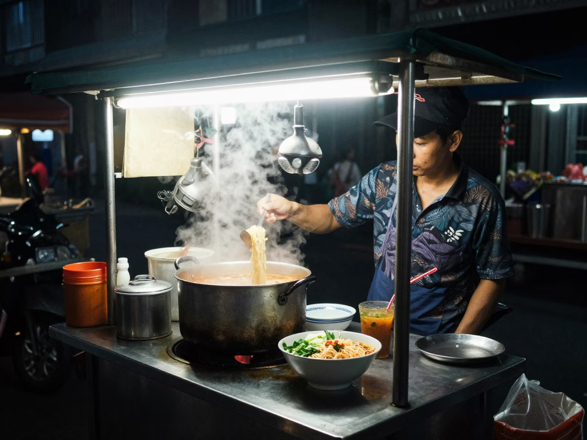 Midnight street food stall in Bangkok with steaming noodle bowl and soft boiled egg in in Bangkok, Thailand