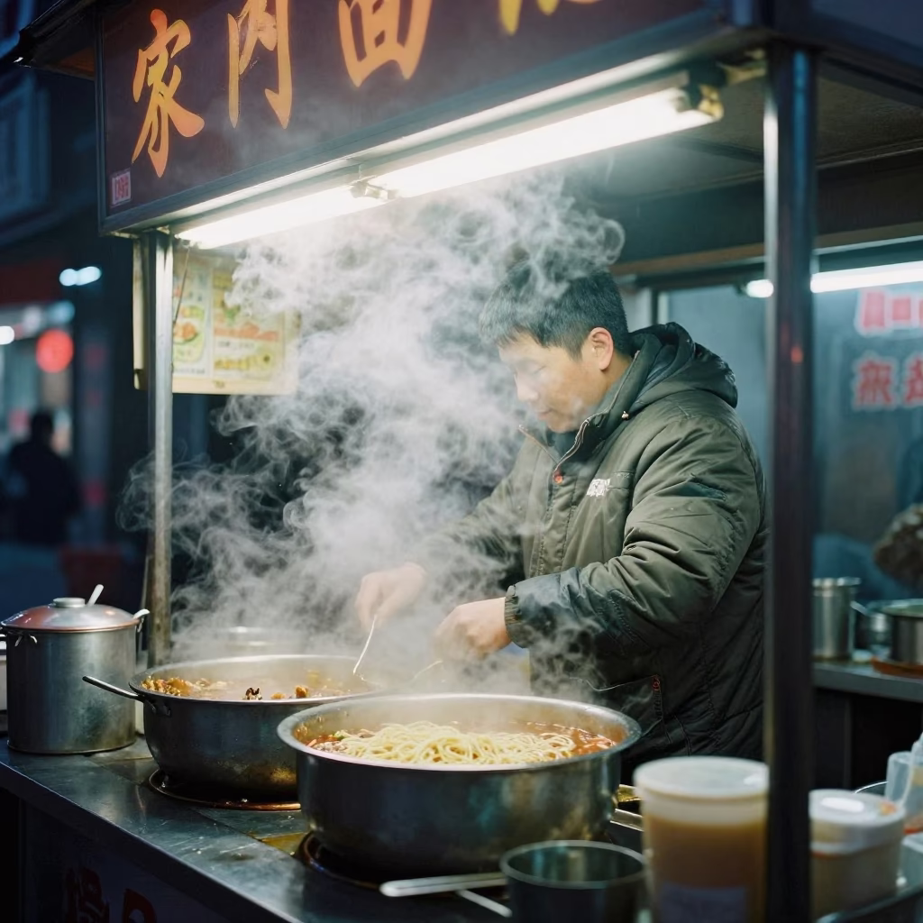 Midnight Street Food Stall in Beijing China with Steam and Night Lights in in Beijing, China
