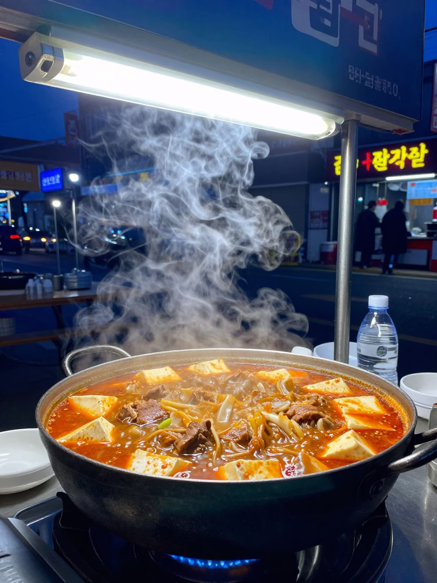 Midnight Street Food Stall in Busan Serving Bubbling Jjigae Stew on Gas Burner in in Busan, South Korea