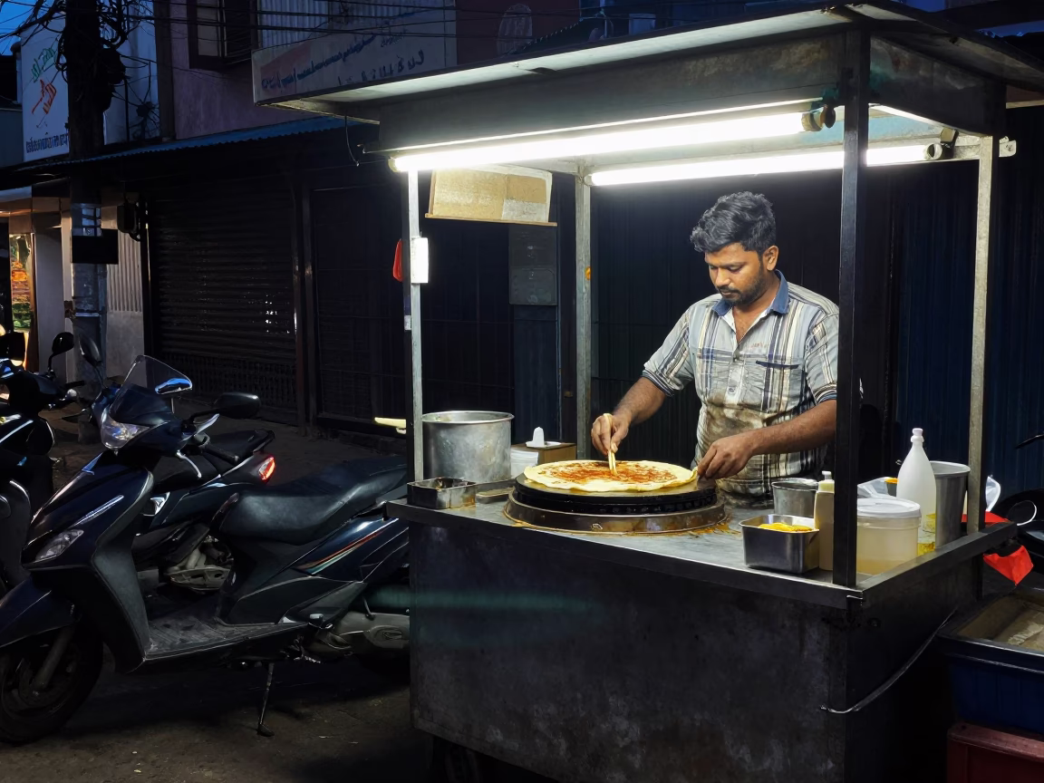 Midnight Street Food Stall in Chennai India with Scooter and Metal Bucket in in Chennai, India