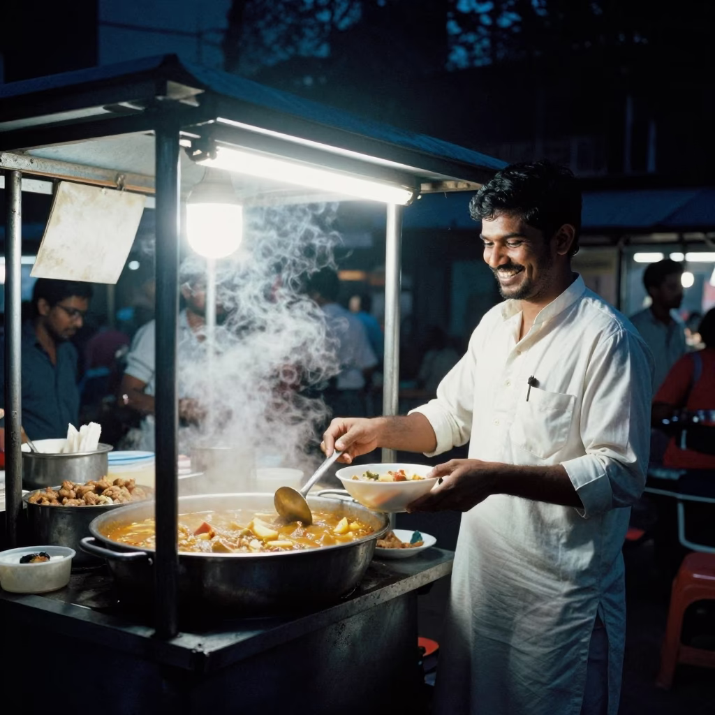 Midnight street food stall in Chennai India with steaming locro stew and smiling vendor in in Chennai, India