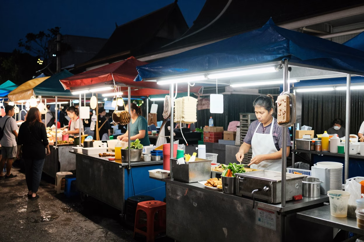 Midnight Street Food Stall in Chiang Mai Thailand Night Market Scene in in Chiang Mai, Thailand