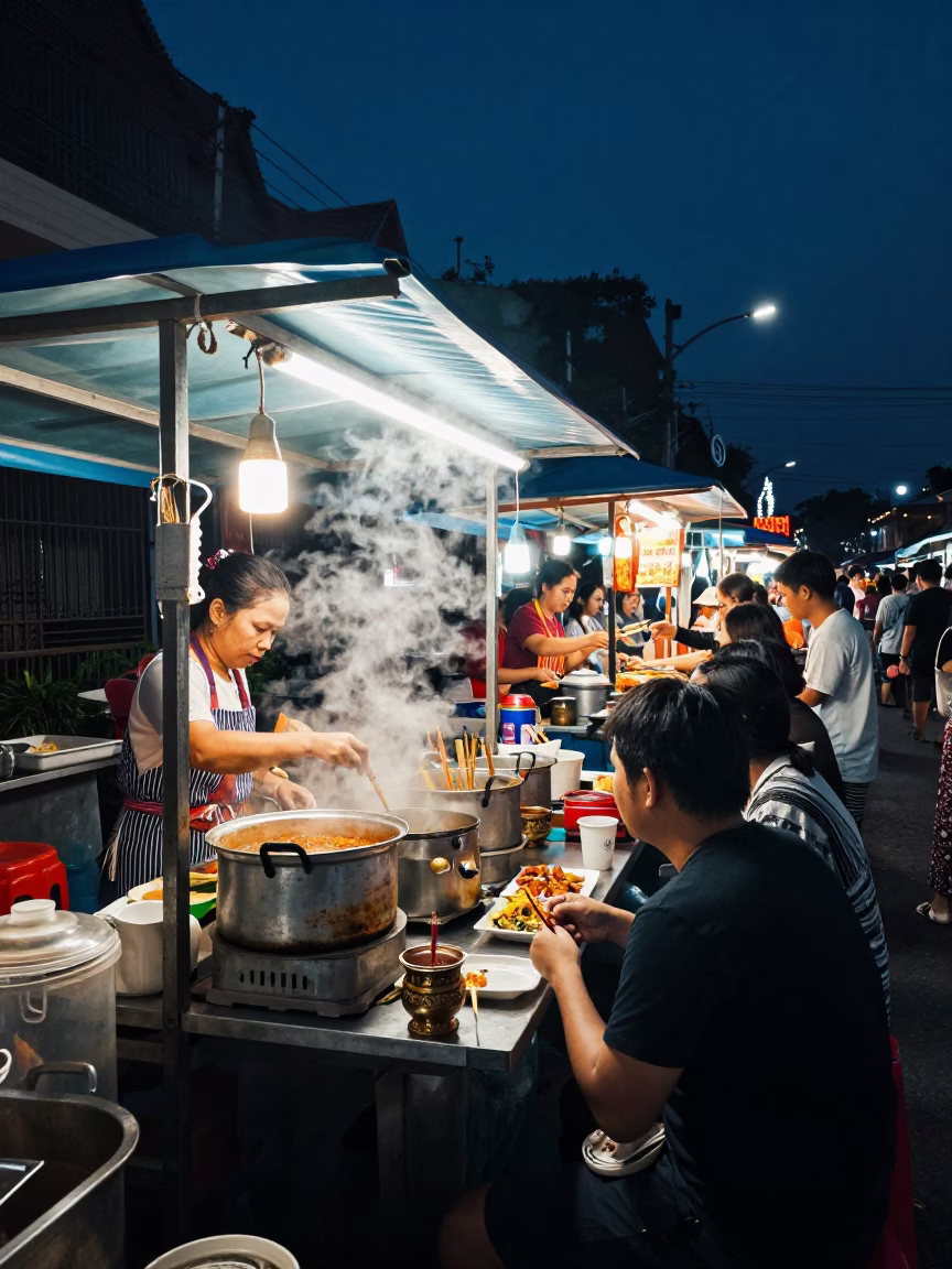 Midnight Street Food Stall in Chiang Mai Thailand with Incense Holder and Potted Herbs in in Chiang Mai, Thailand