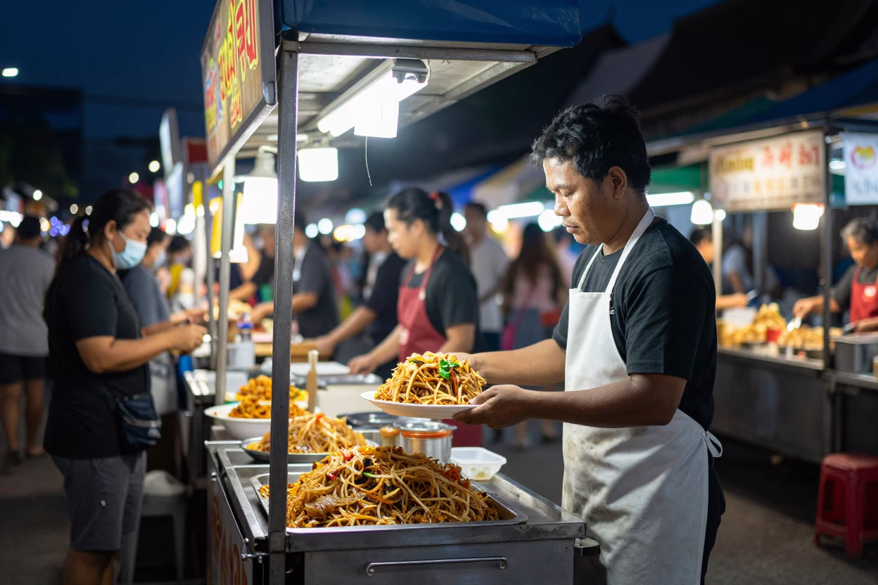 Midnight Street Food Stall in Chiang Mai Thailand with Japchae and Local Diners in in Chiang Mai, Thailand