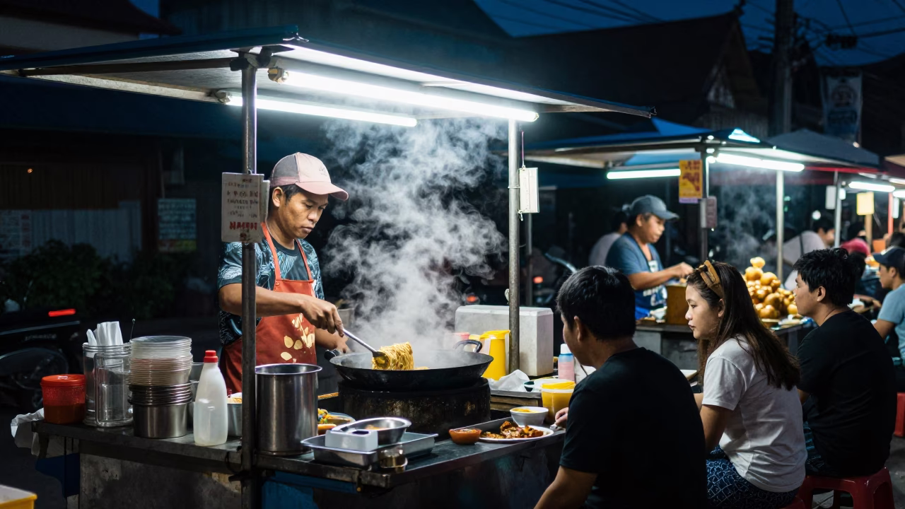 Midnight Street Food Stall in Chiang Mai Thailand with Local Diners and Steam in in Chiang Mai, Thailand