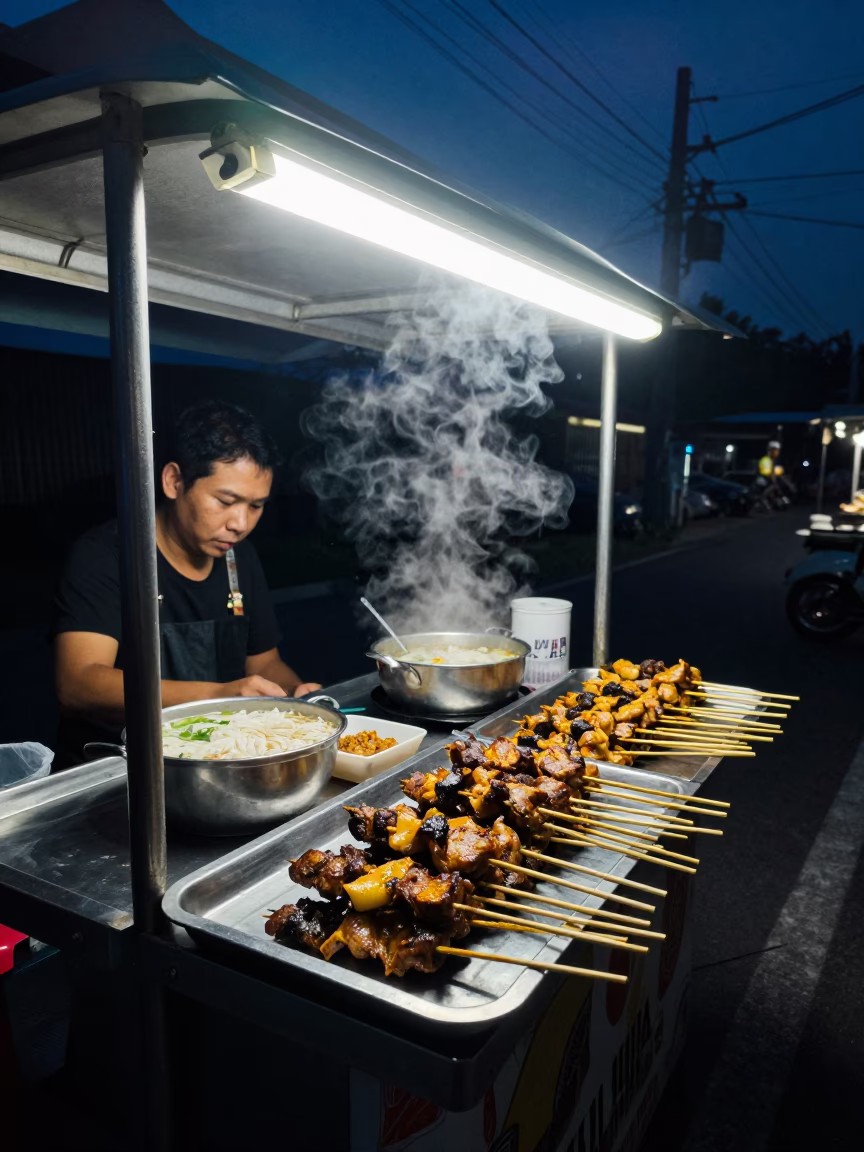 Midnight Street Food Stall in Chiang Mai Thailand with Satay Skewers and Night Ambience in in Chiang Mai, Thailand