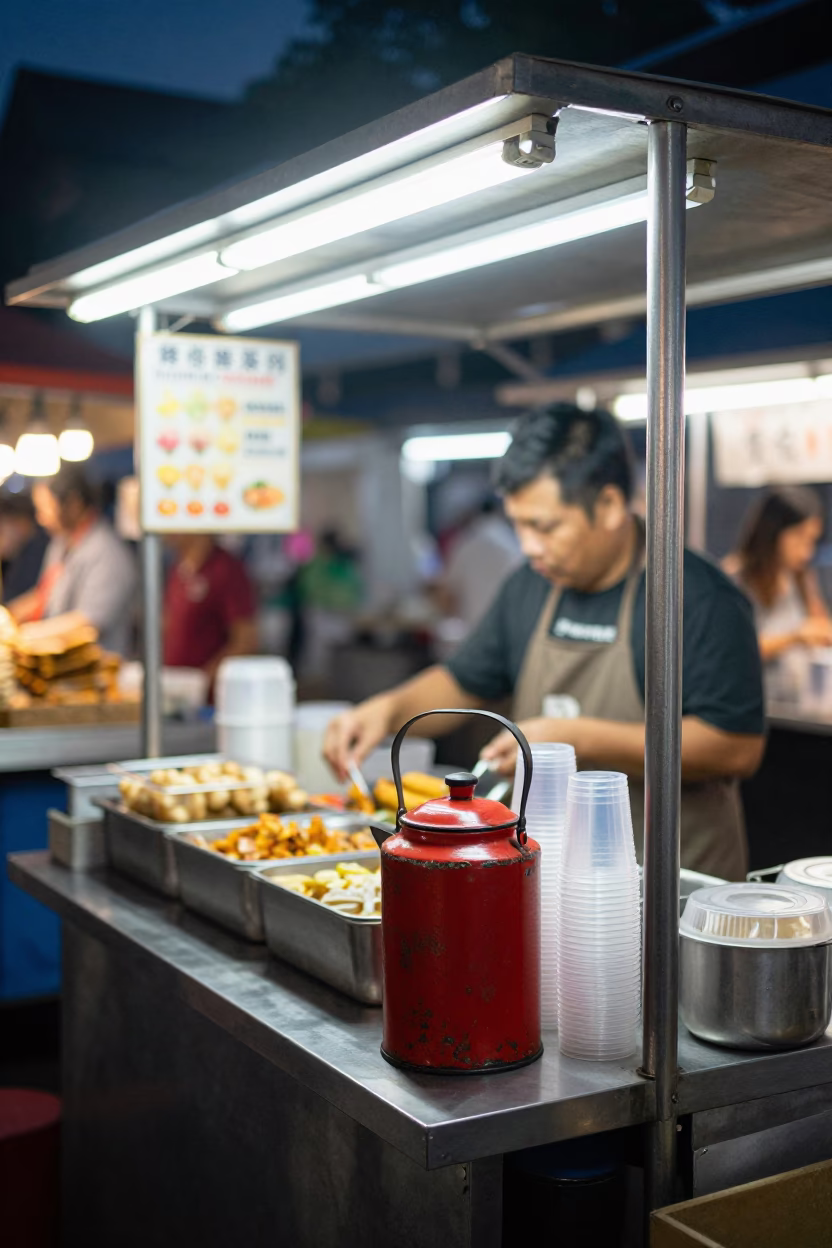 Midnight Street Food Stall in Chiang Mai Thailand with Tea Canister and Pomegranate in in Chiang Mai, Thailand