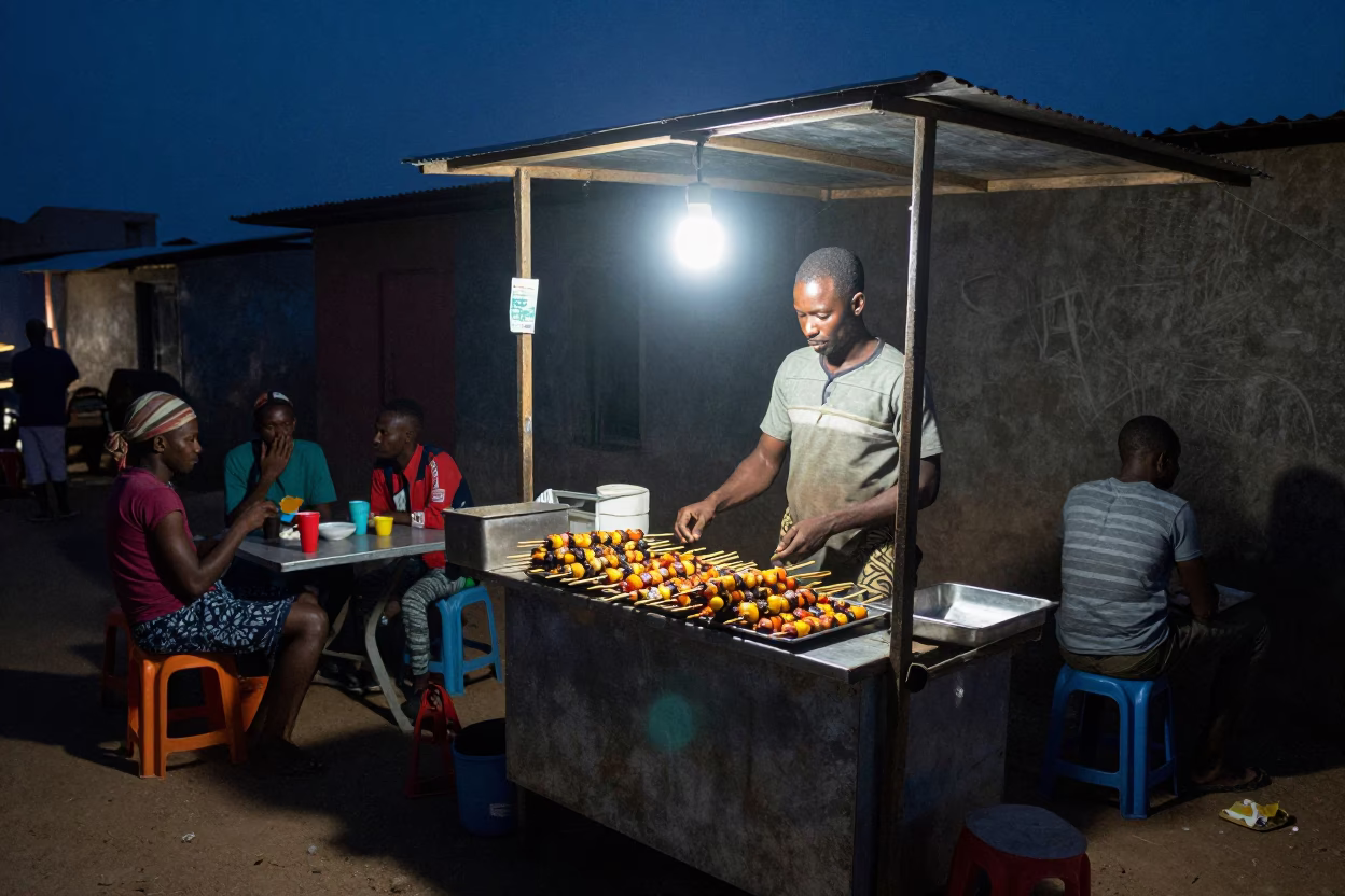 Midnight street food stall in Dakar Senegal with grilled fruit skewers and local patrons in in Dakar, Senegal