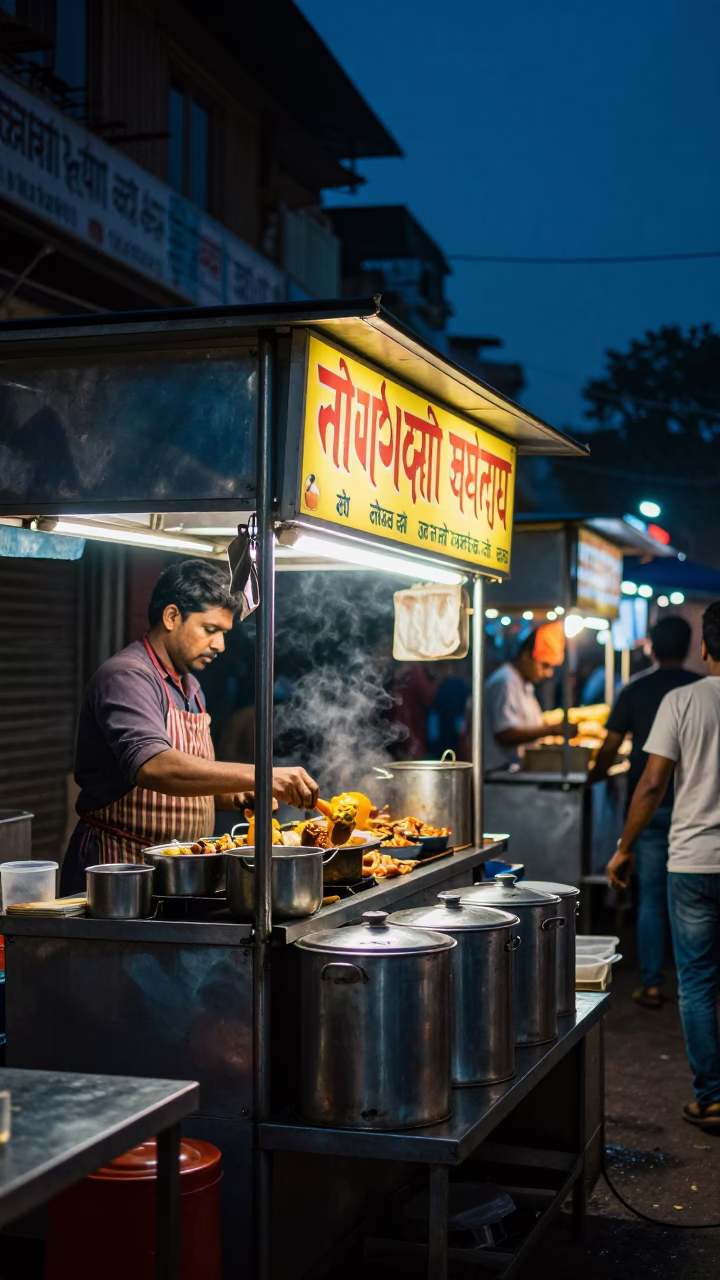 Midnight Street Food Stall in Delhi India with Neon Lights and Canisters in in Delhi, India