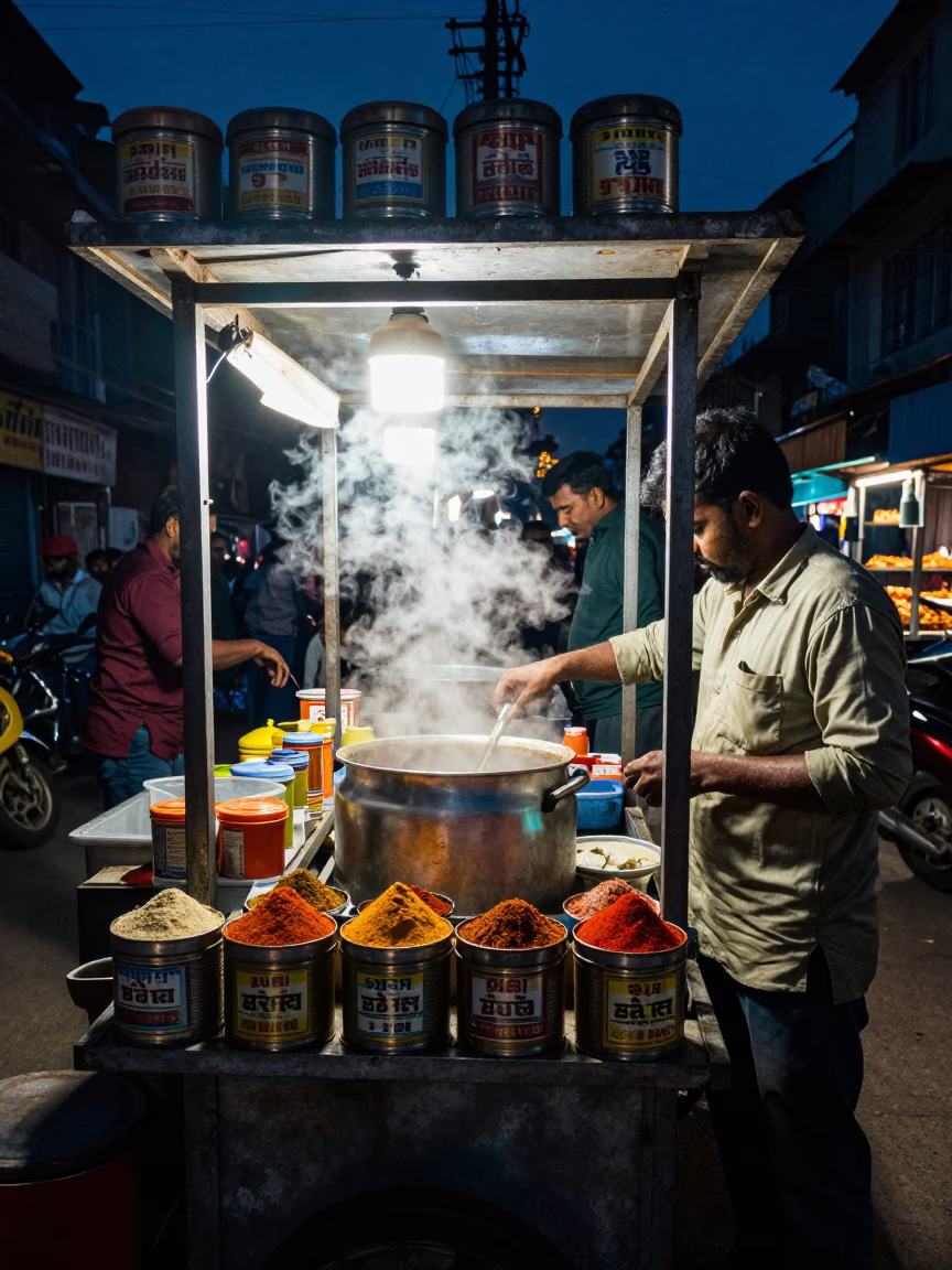 Midnight street food stall in Delhi India with spice tins and ayran in in Delhi, India
