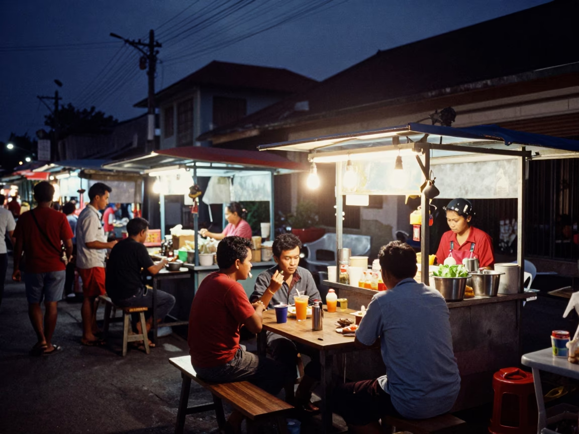 Midnight Street Food Stall in Denpasar Bali with Local Diners Eating Goulash in in Denpasar, Indonesia