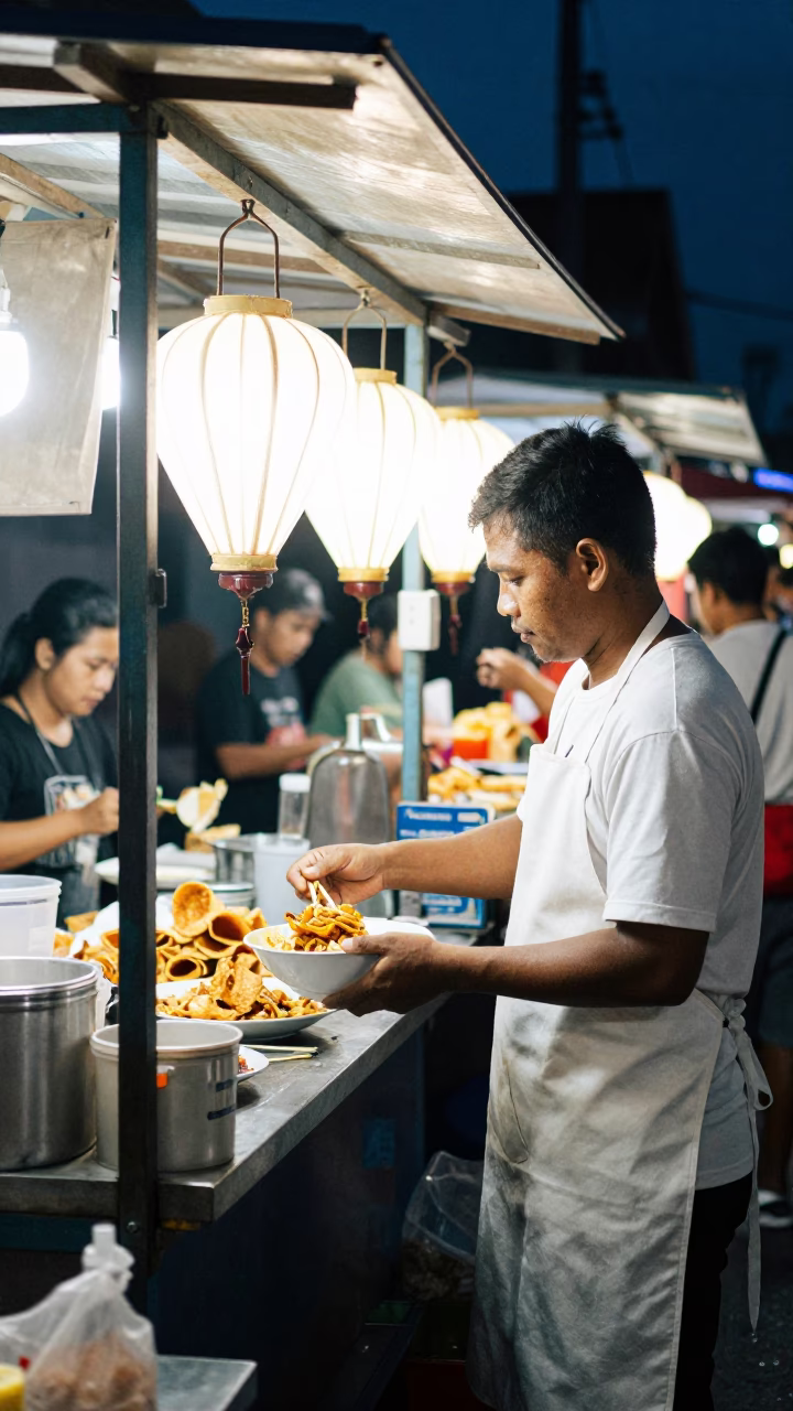 Midnight Street Food Stall in Denpasar Indonesia with Lanterns and Local Diners in in Denpasar, Indonesia