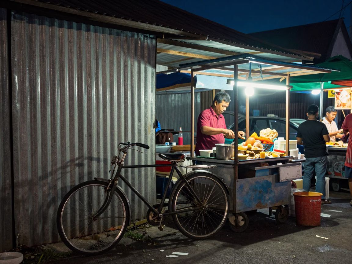 Midnight street food stall in Denpasar Indonesia with vintage bicycle and soap bottle in in Denpasar, Indonesia