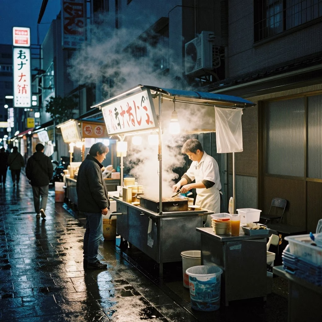 Midnight Street Food Stall in Fukuoka Japan with Steam and Neon Lights in in Fukuoka, Japan