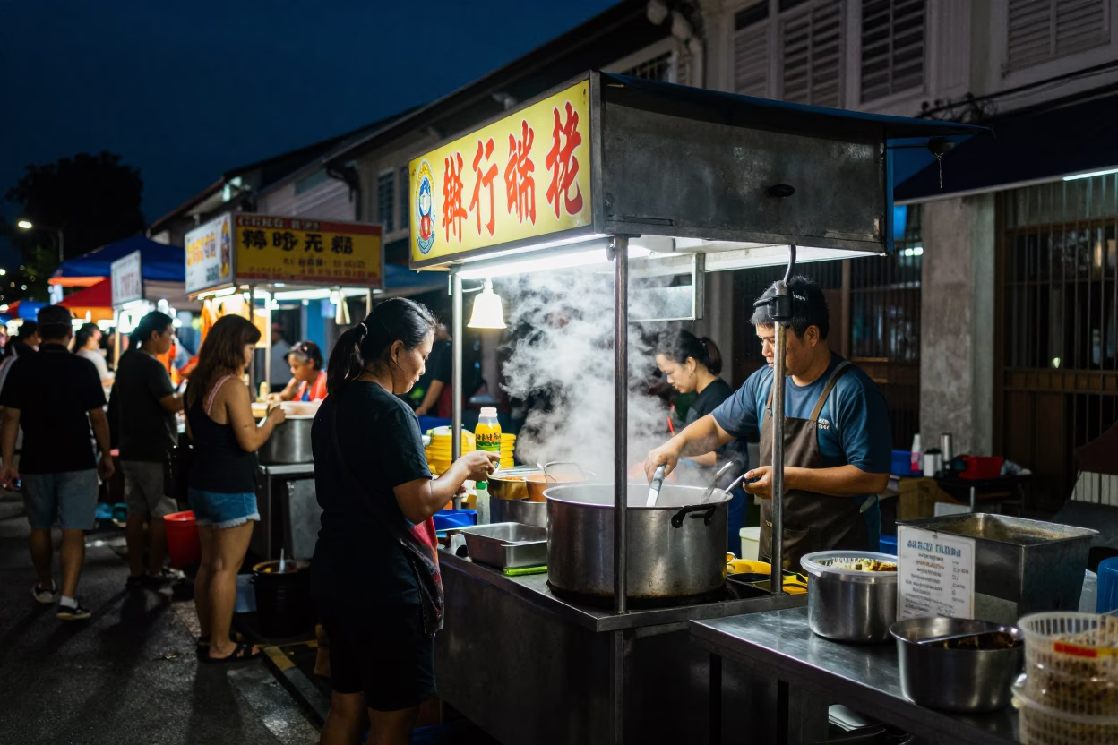 Midnight Street Food Stall in George Town Malaysia Night Market Scene in in George Town, Malaysia