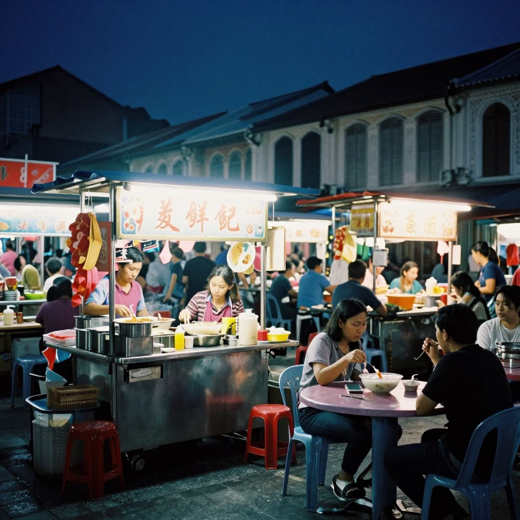 Midnight Street Food Stall in George Town Malaysia with Congee and Busy Local Diners in in George Town, Malaysia