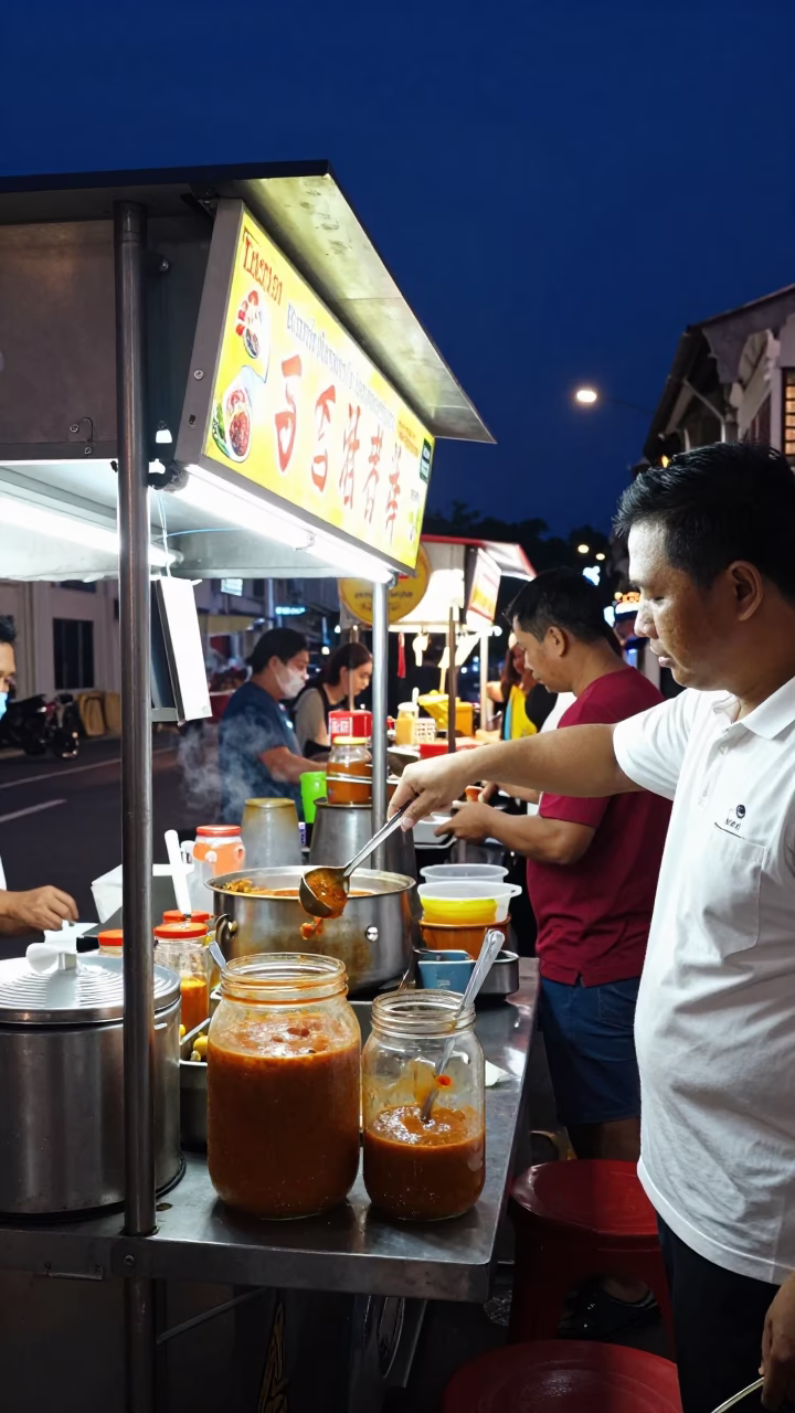 Midnight Street Food Stall in George Town Malaysia with Glass Jar and Serving Spoon in in George Town, Malaysia