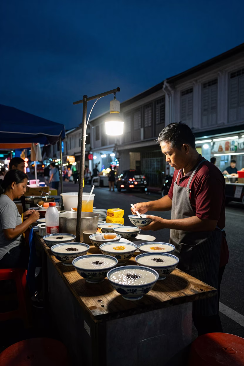 Midnight Street Food Stall in George Town Malaysia with Porcelain Bowls and Steam in in George Town, Malaysia