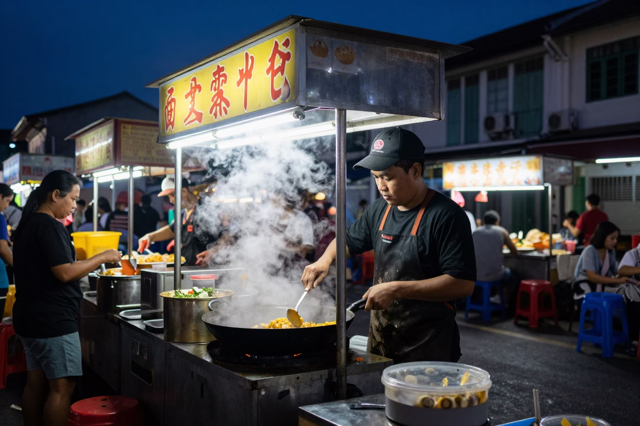 Midnight Street Food Stall in George Town Malaysia with Steam and Neon Lights in in George Town, Malaysia