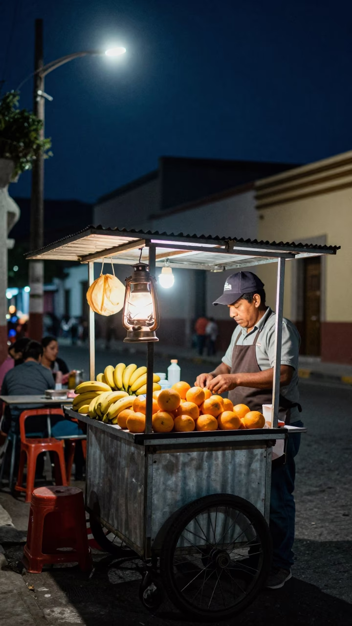 Midnight Street Food Stall in Guadalajara Mexico with Oil Lamp and Fruit Vendor in in Guadalajara, Mexico