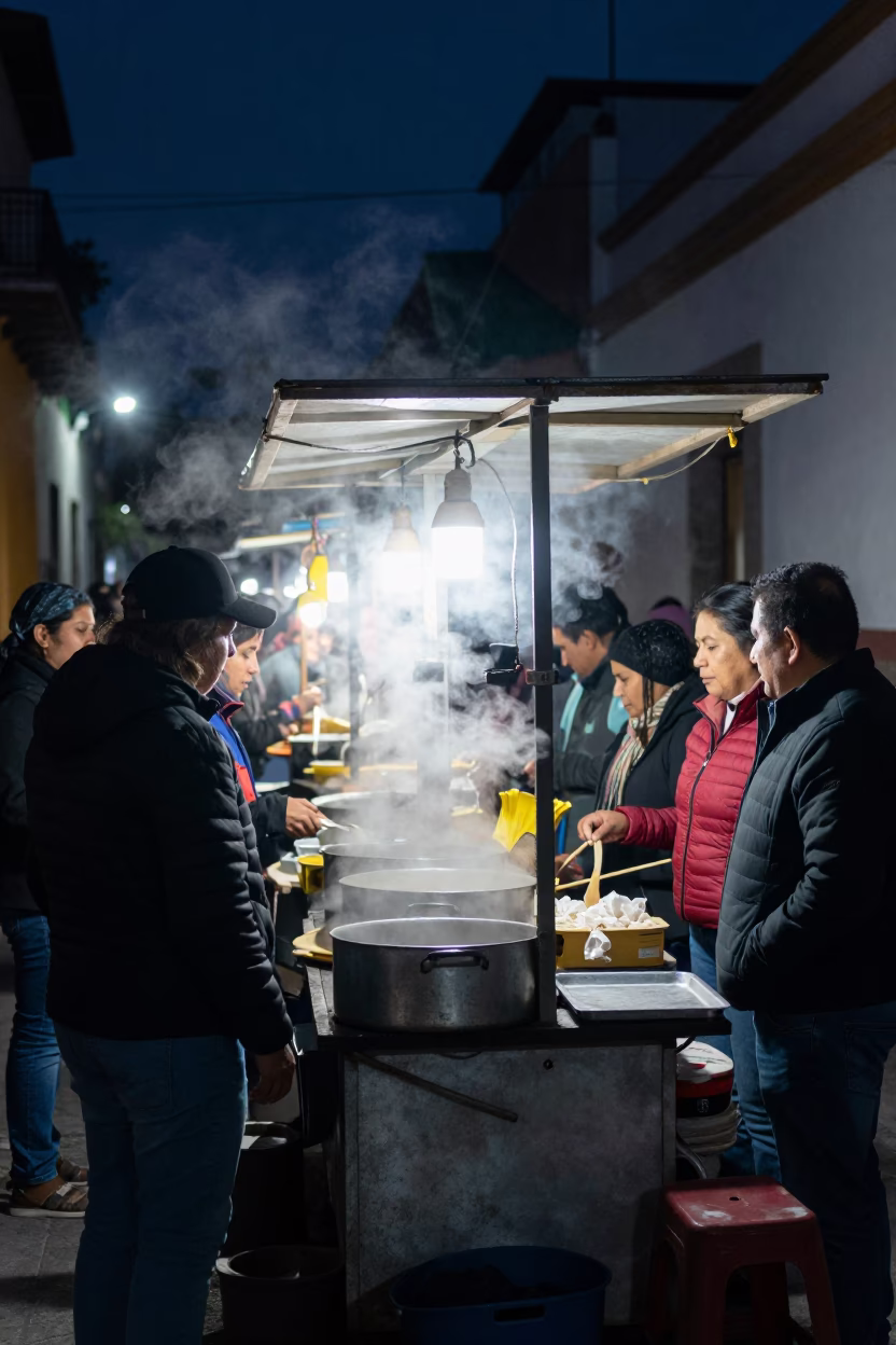 Midnight Street Food Stall in Guadalajara Mexico with Steam and Local Crowd in in Guadalajara, Mexico