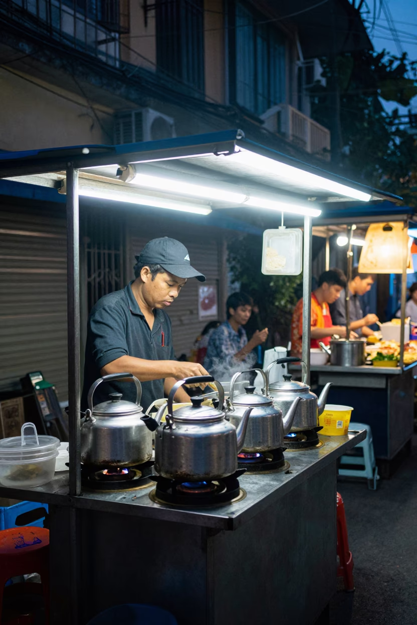Midnight Street Food Stall in Hanoi Vietnam with Tea Kettles and Melons in in Hanoi, Vietnam