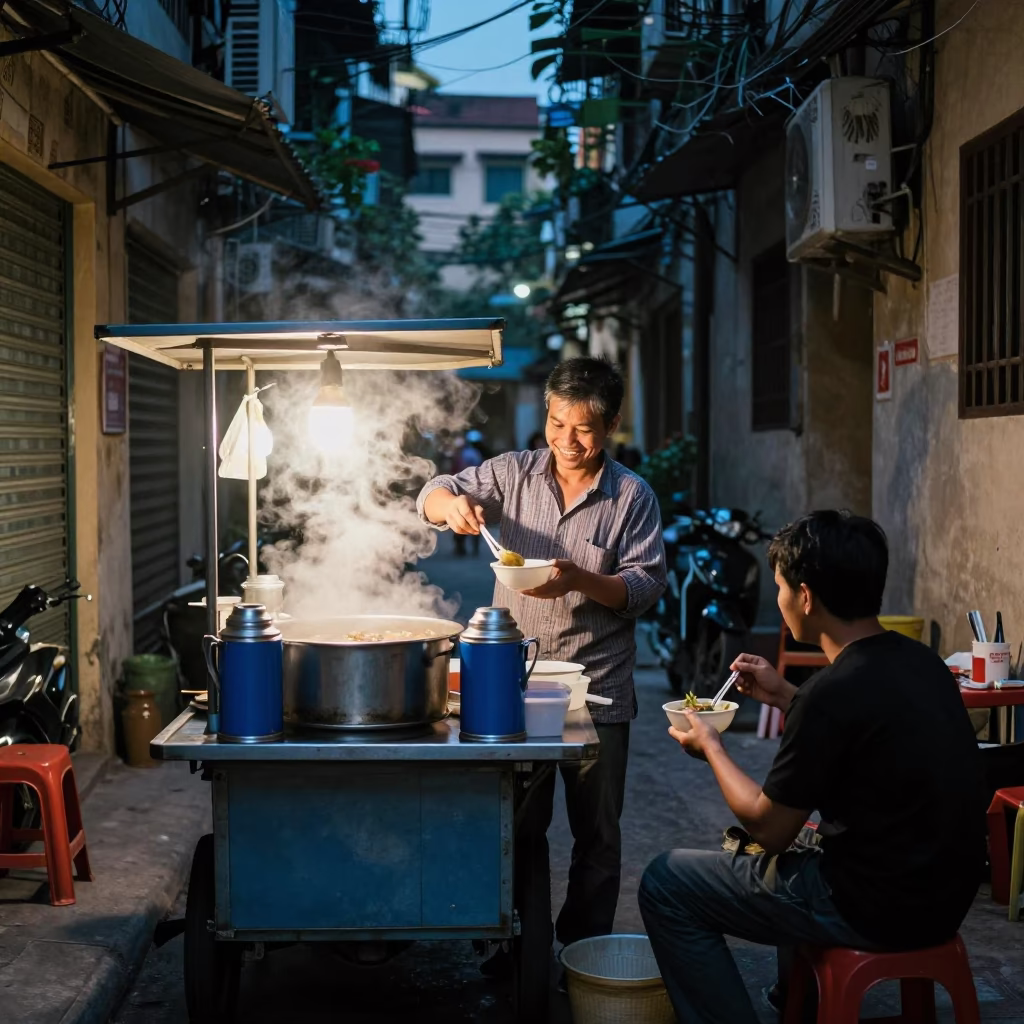 Midnight Street Food Stall in Hanoi Vietnam with Thermos and Blue White Porcelain Jar in in Hanoi, Vietnam