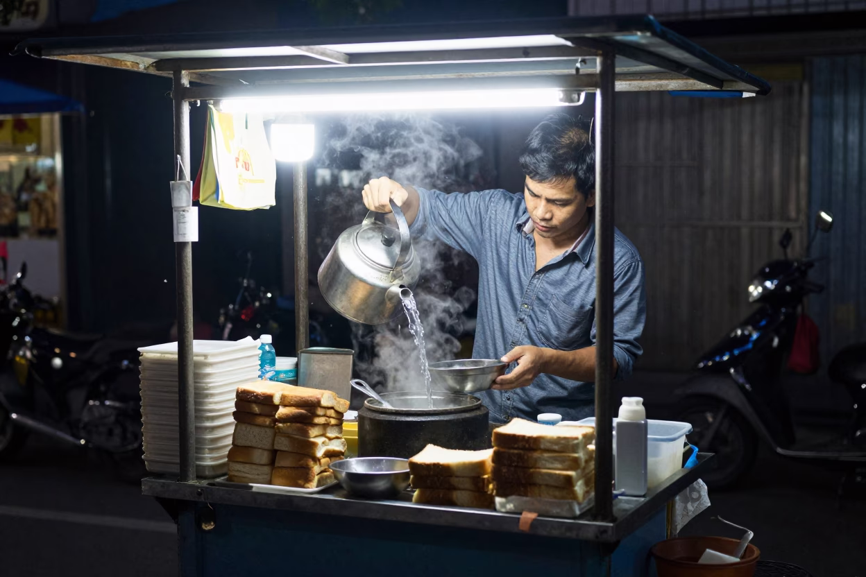 Midnight street food stall in Ho Chi Minh City with kettle and bread board in in Ho Chi Minh City, Vietnam