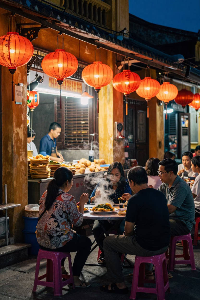 Midnight Street Food Stall in Hoi An Vietnam with Local Diners and Lanterns in in Hoi An, Vietnam