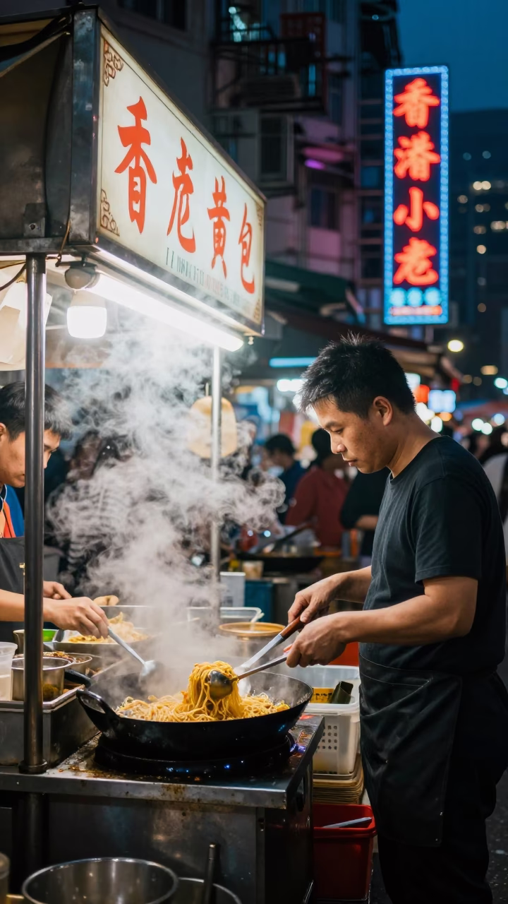 Midnight Street Food Stall in Hong Kong with Steam and Neon Reflections in in Hong Kong, Hong Kong