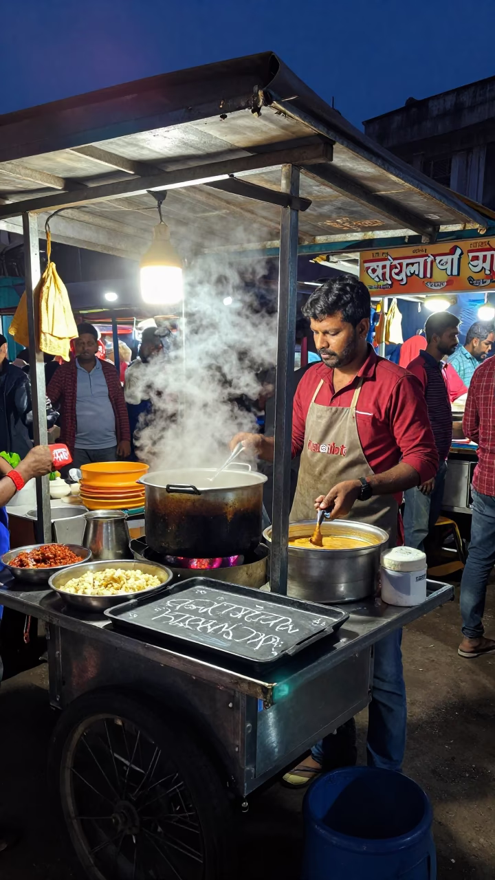 Midnight Street Food Stall in Hyderabad India with Chalk Tray and Colander in in Hyderabad, India