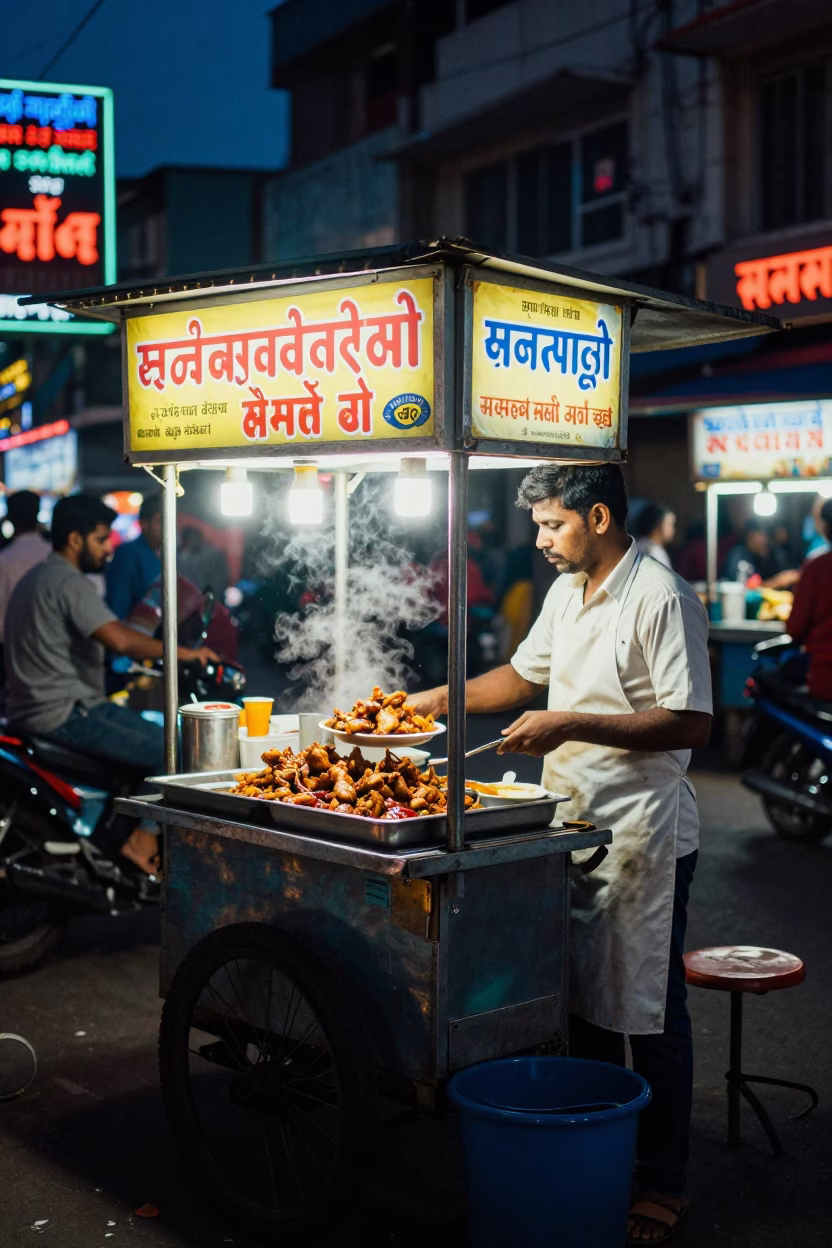 Midnight Street Food Stall in Hyderabad India with Chicken Adobo and Rice in in Hyderabad, India