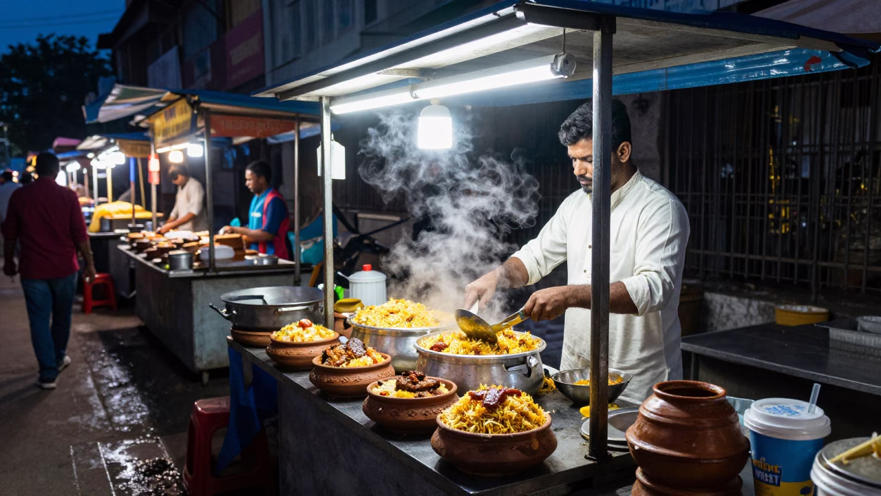 Midnight Street Food Stall in Hyderabad India with Clay Bowls and Neon Lights in in Hyderabad, India