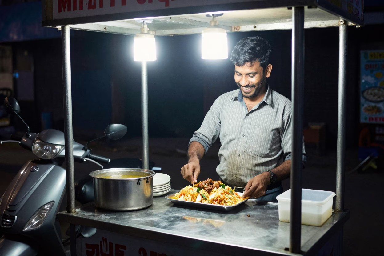 Midnight Street Food Stall in Hyderabad India with Scooter and Dish Rack in in Hyderabad, India
