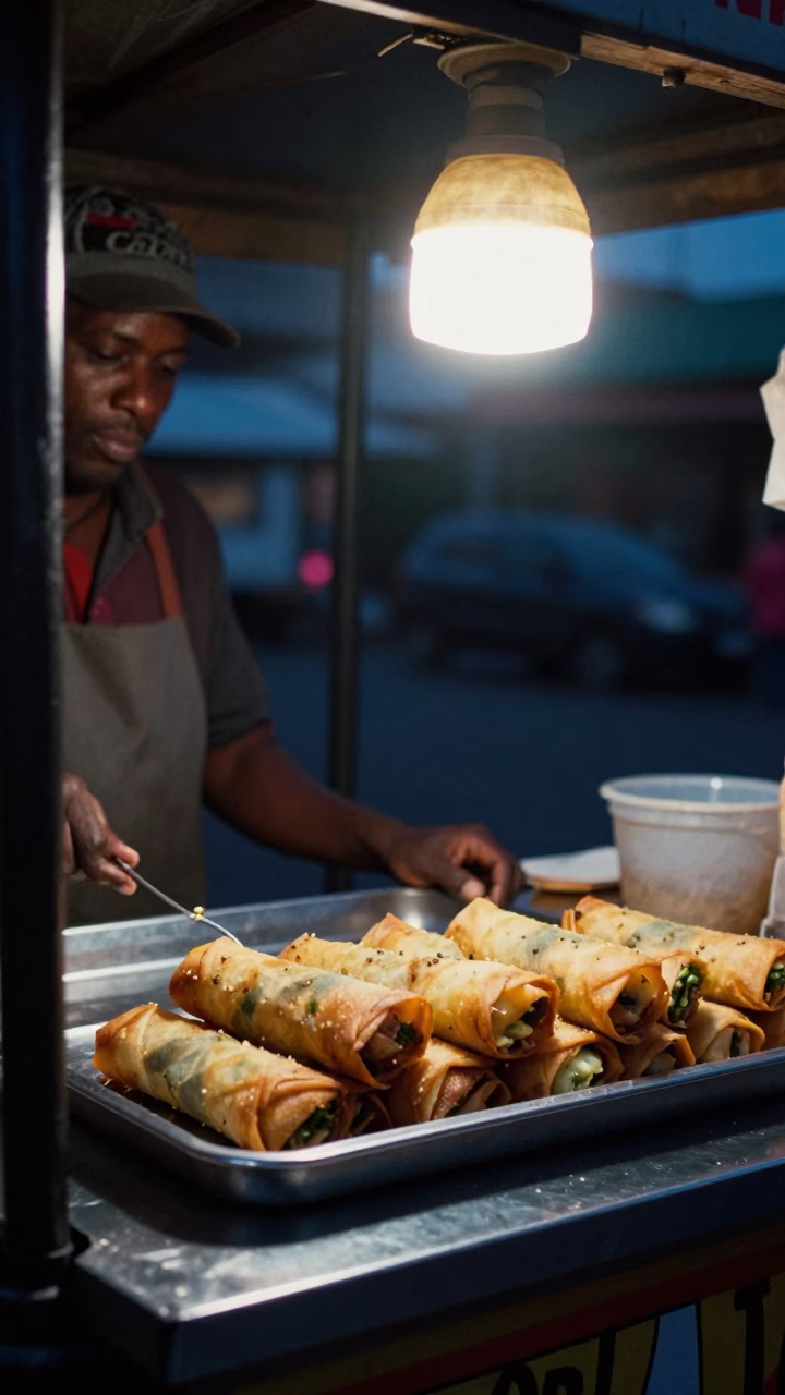 Midnight Street Food Stall in Johannesburg with Tray of Spring Rolls and Dipping Sauce in in Johannesburg, South Africa