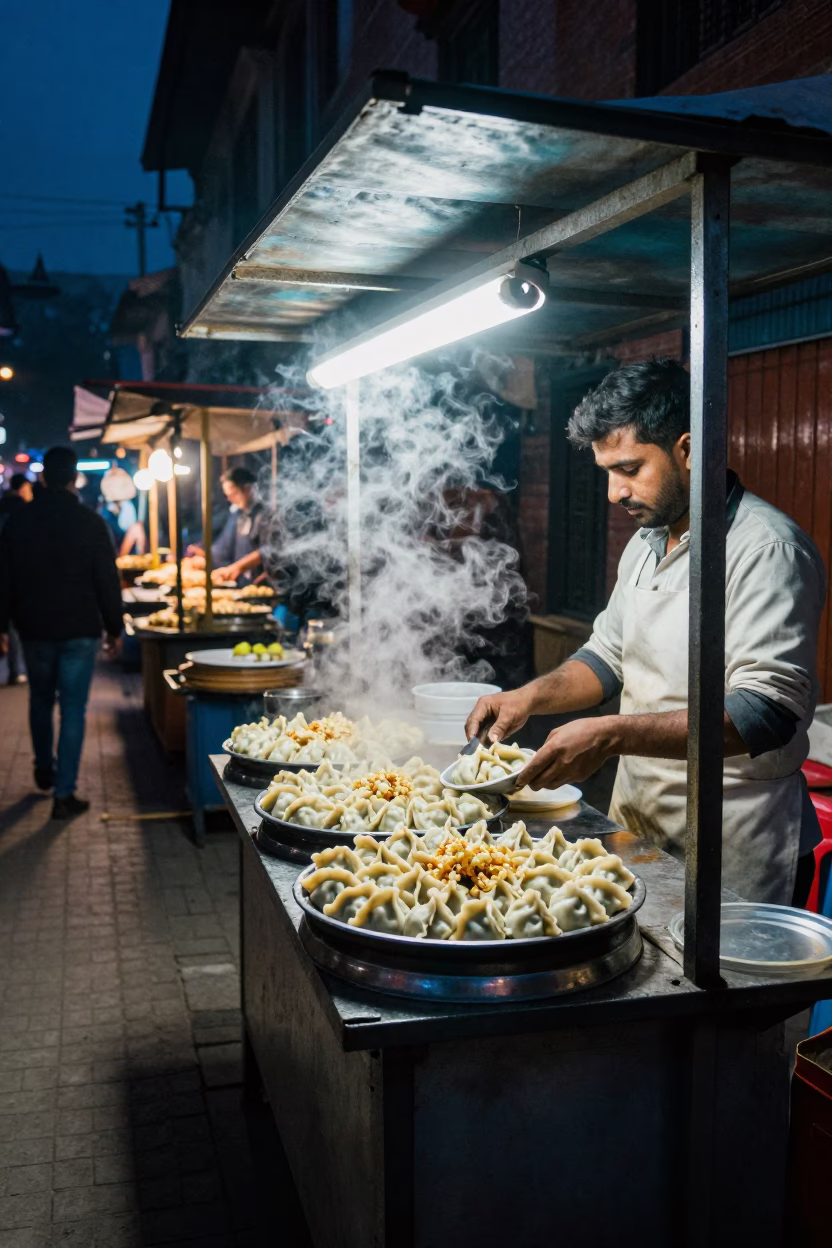 Midnight street food stall in Kathmandu Nepal with steaming plates and neon lights in in Kathmandu, Nepal